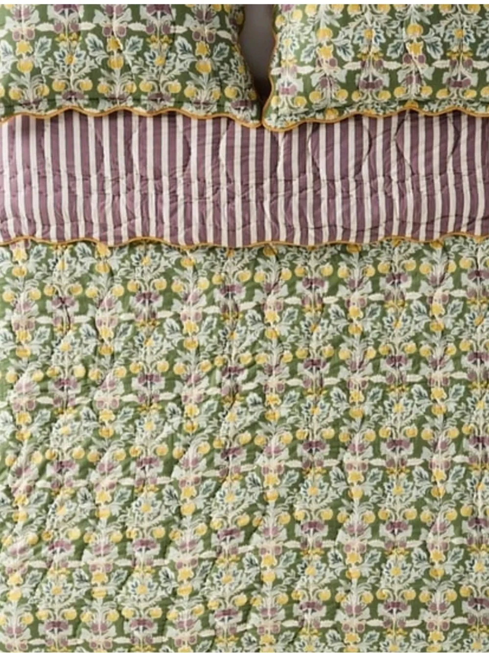 Anthropologie Lluka Green Floral Quilted Coverlet with Pink and Mustard Accents